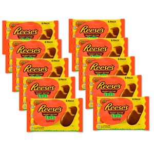 A multipack of Reese's Peanut Butter Eggs, each pack containing six eggs, made of milk chocolate with a peanut butter filling, totaling a count of 60 eggs. The packaging is orange and yellow with \“Reese's\“ logo prominently displayed.