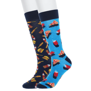 A pair of colorful socks featuring fast food designs: one sock has pizza and drinks on a blue background, and the other has burgers, hot dogs, and condiments on a dark background.
