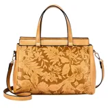 Yellow leather handbag with embossed floral pattern, featuring dual handles and a detachable shoulder strap.