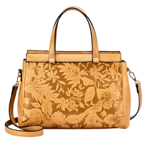 Yellow leather handbag with embossed floral pattern, featuring dual handles and a detachable shoulder strap.