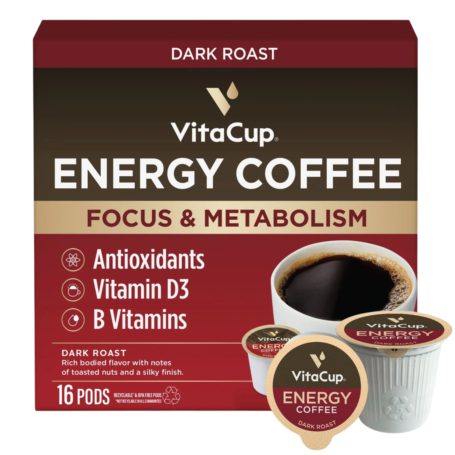 VitaCup Energy Coffee, Dark Roast, includes 16 pods. Features antioxidants, Vitamin D3, and B Vitamins for focus and metabolism.
