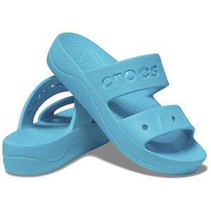 Light blue Crocs sandals featuring a platform heel and a single strap across the top with circular perforations.