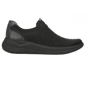 LifeStride Twilight Slip-Ons are black, slip-on shoes with a knitted upper featuring small perforations and a cushioned sole for comfort.
