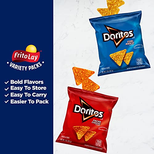 Two bags of Doritos, one Nacho Cheese and one Cool Ranch flavor, are displayed with their individual chips floating around them, highlighting the variety available in Frito-Lay packs.