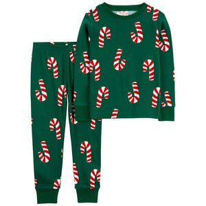 Green pajama set with red and white candy cane patterns, featuring a long-sleeve top and matching pants, designed for Christmas by Carter's.