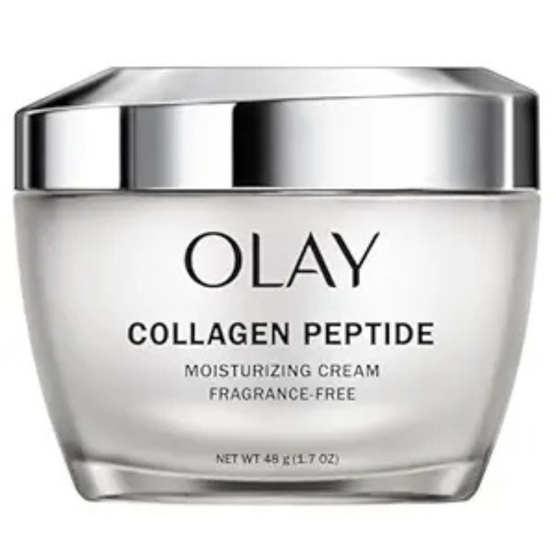 Olay Collagen Peptide Moisturizing Cream is fragrance-free and comes in a 48g (1.7 oz) container, designed for hydration and skincare.