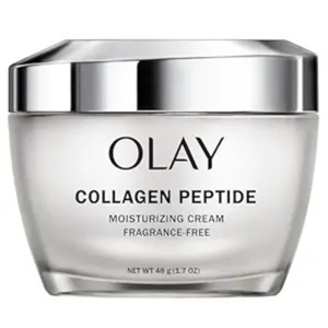 Olay Collagen Peptide Moisturizing Cream is fragrance-free and comes in a 48g (1.7 oz) container, designed for hydration and skincare.
