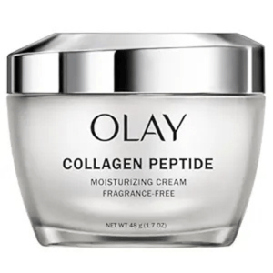 Olay Collagen Peptide Moisturizing Cream is fragrance-free and comes in a 48g (1.7 oz) container, designed for hydration and skincare.