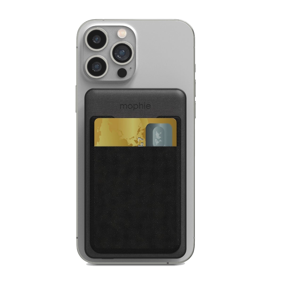 A silver phone with a Mophie wallet attachment on the back, holding two cards in a slim, black pocket.