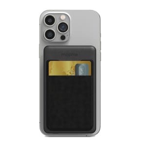 A silver phone with a Mophie wallet attachment on the back, holding two cards in a slim, black pocket.