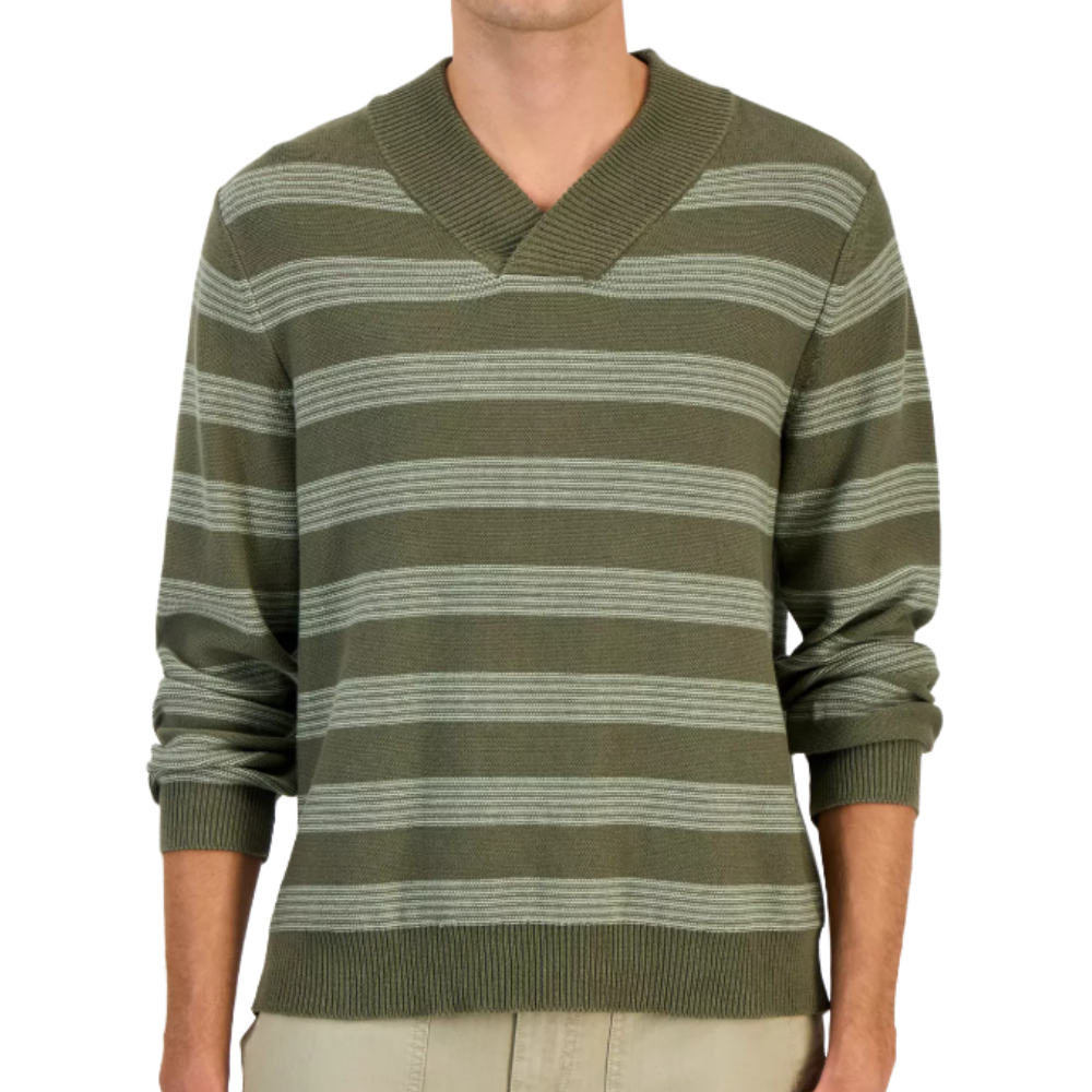 Green V-neck sweater with light green horizontal stripes, paired with beige pants.