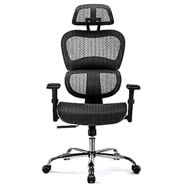 Mesh ergonomic office chair with adjustable headrest, armrests, and lumbar support on a chrome base with wheels.