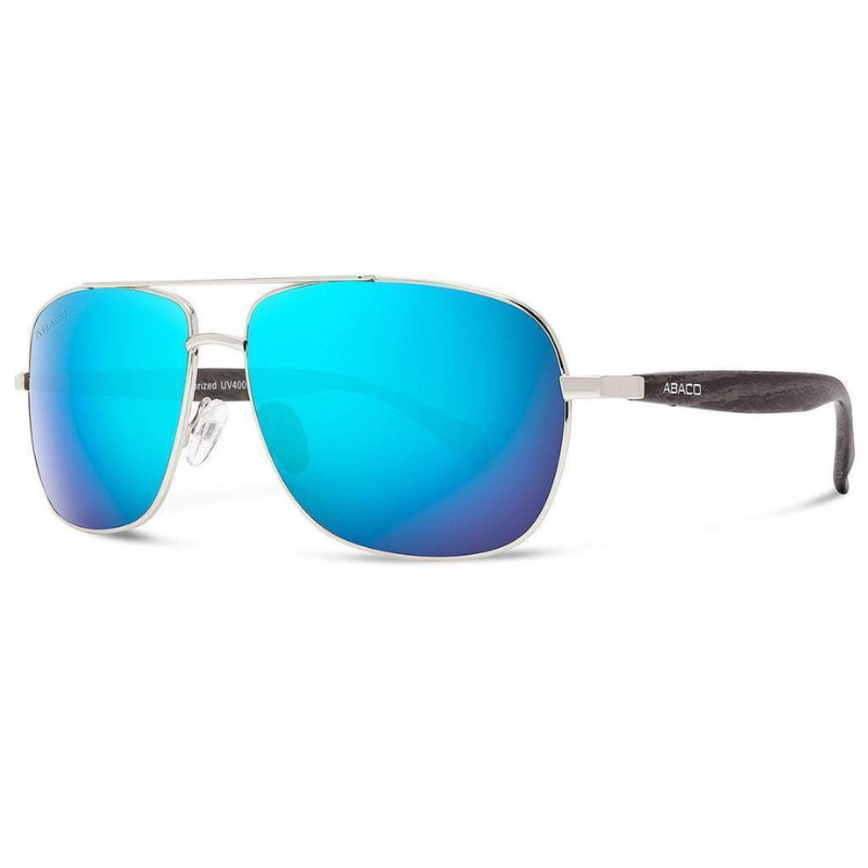 Abaco Austin sunglasses feature blue mirrored polarized lenses with a silver metal frame and black temples. They offer UV400 protection.