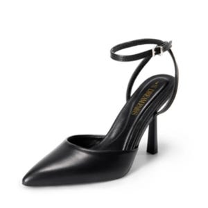 Black pointed-toe high heel shoe with ankle strap.