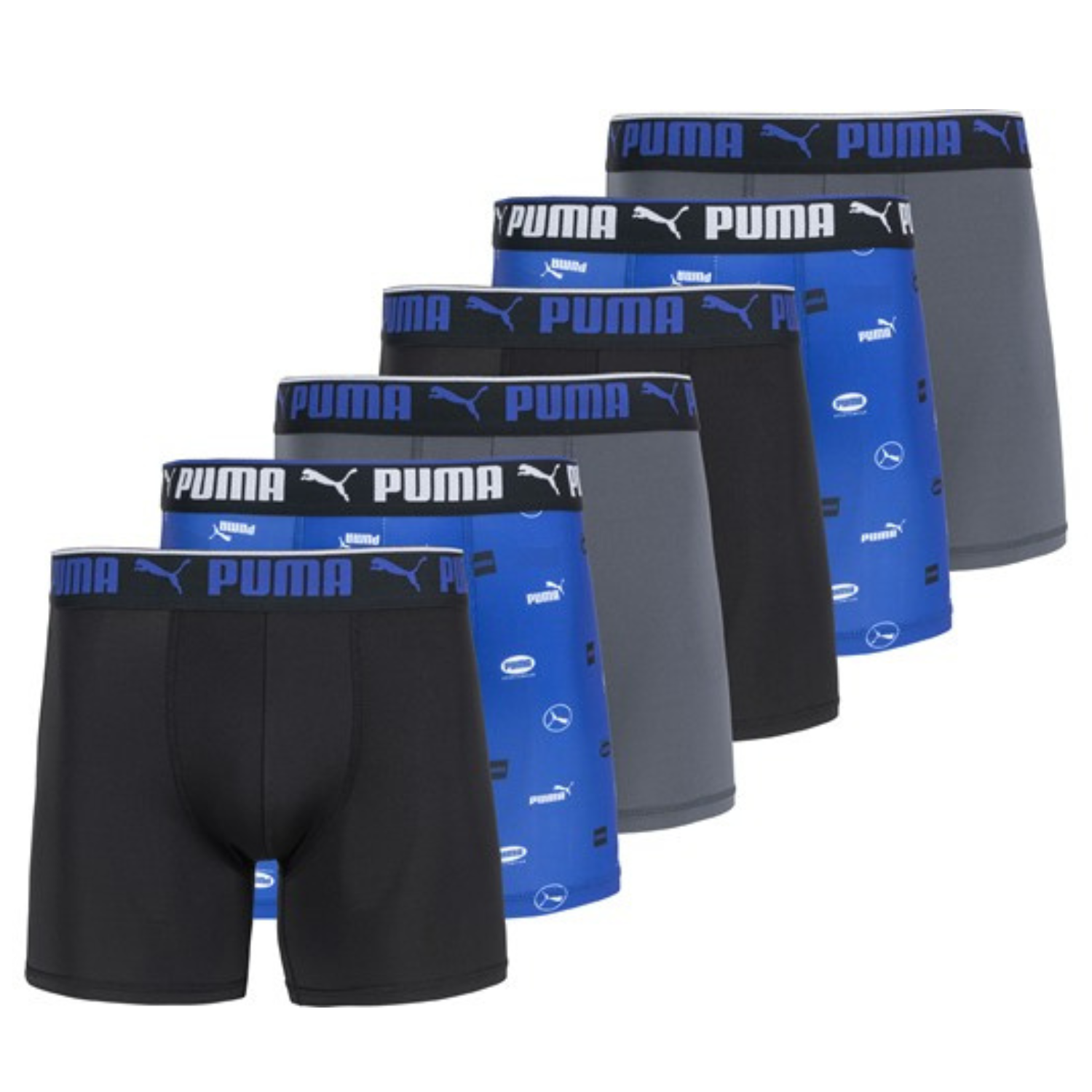 6-pack Puma boxer briefs in black, gray, and blue colors, featuring varying designs with some including logos and patterns. Each pair has a waistband with the Puma logo in black and blue.