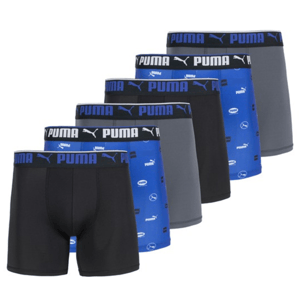 6-pack Puma boxer briefs in black, gray, and blue colors, featuring varying designs with some including logos and patterns. Each pair has a waistband with the Puma logo in black and blue.