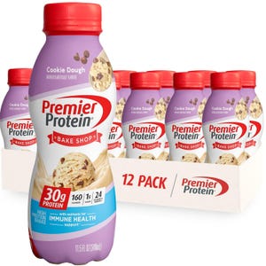 Premier Protein Bake Shop Cookie Dough Shakes, 12-pack, each bottle is 11.5 fl oz (340 ml), containing 30g protein, 160 calories, 1g sugar, and 24 vitamins and minerals for immune health.
