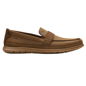 Brown slip-on loafer with a smooth finish, stitching details, and a cushioned rubber sole; features a Clarks branding on the side.