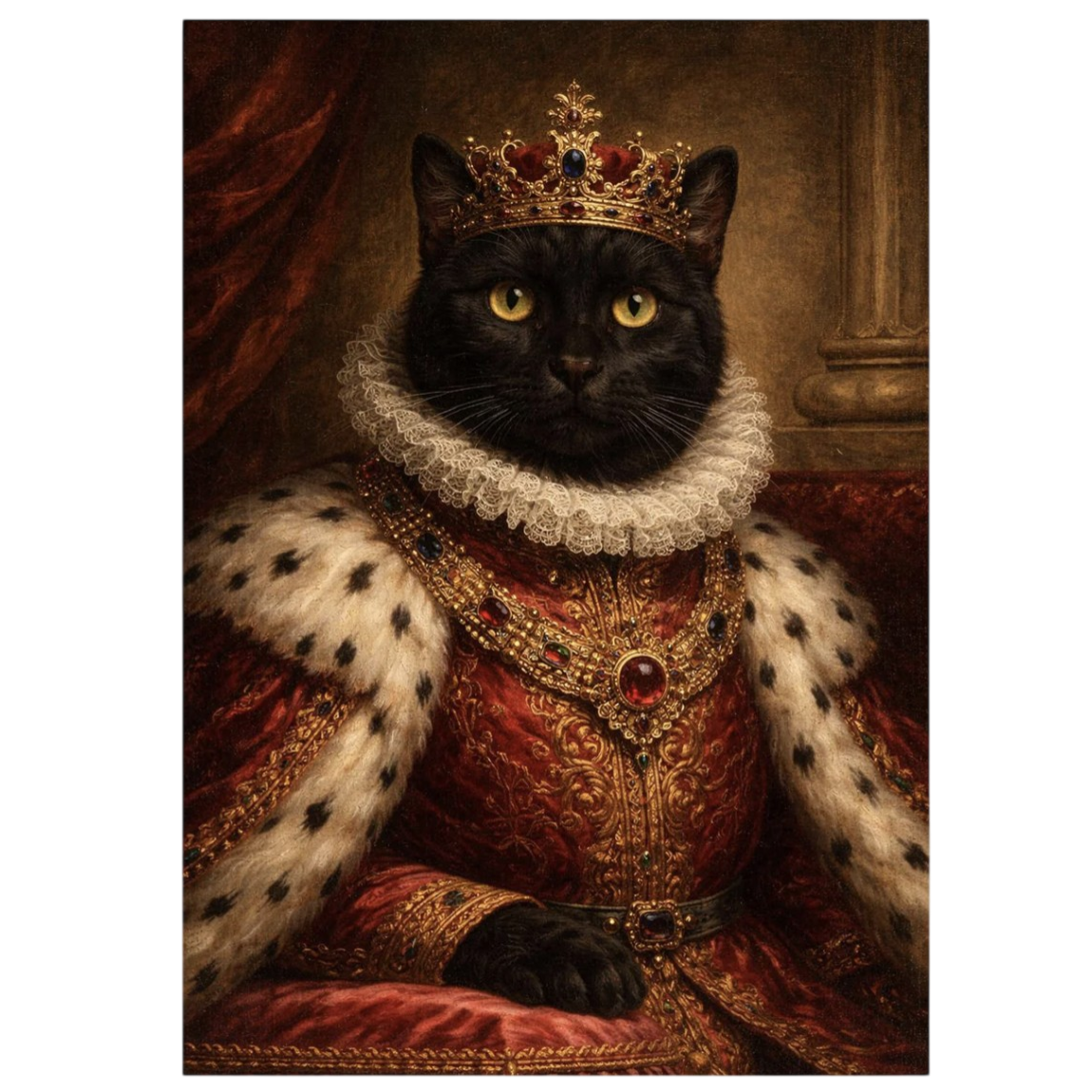 A regal black cat dressed in royal attire, featuring a crown adorned with jewels and an elaborate ermine-trimmed robe, sits majestically as if posing for a historic portrait.