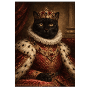A regal black cat dressed in royal attire, featuring a crown adorned with jewels and an elaborate ermine-trimmed robe, sits majestically as if posing for a historic portrait.
