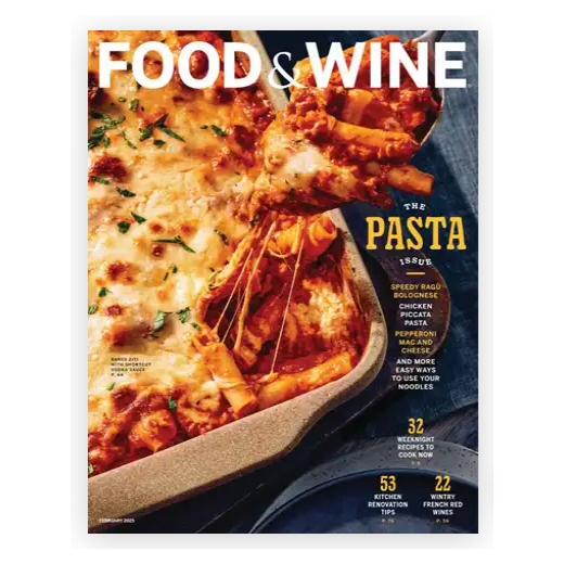 A cover of Food & Wine magazine titled \“The Pasta Issue\“ featuring a cheesy baked pasta dish. Offers include recipes for ragù Bolognese, chicken piccata, pasta preparation tips, 32 weeknight recipes, 53 kitchen renovation tips, and 22 French red wines.