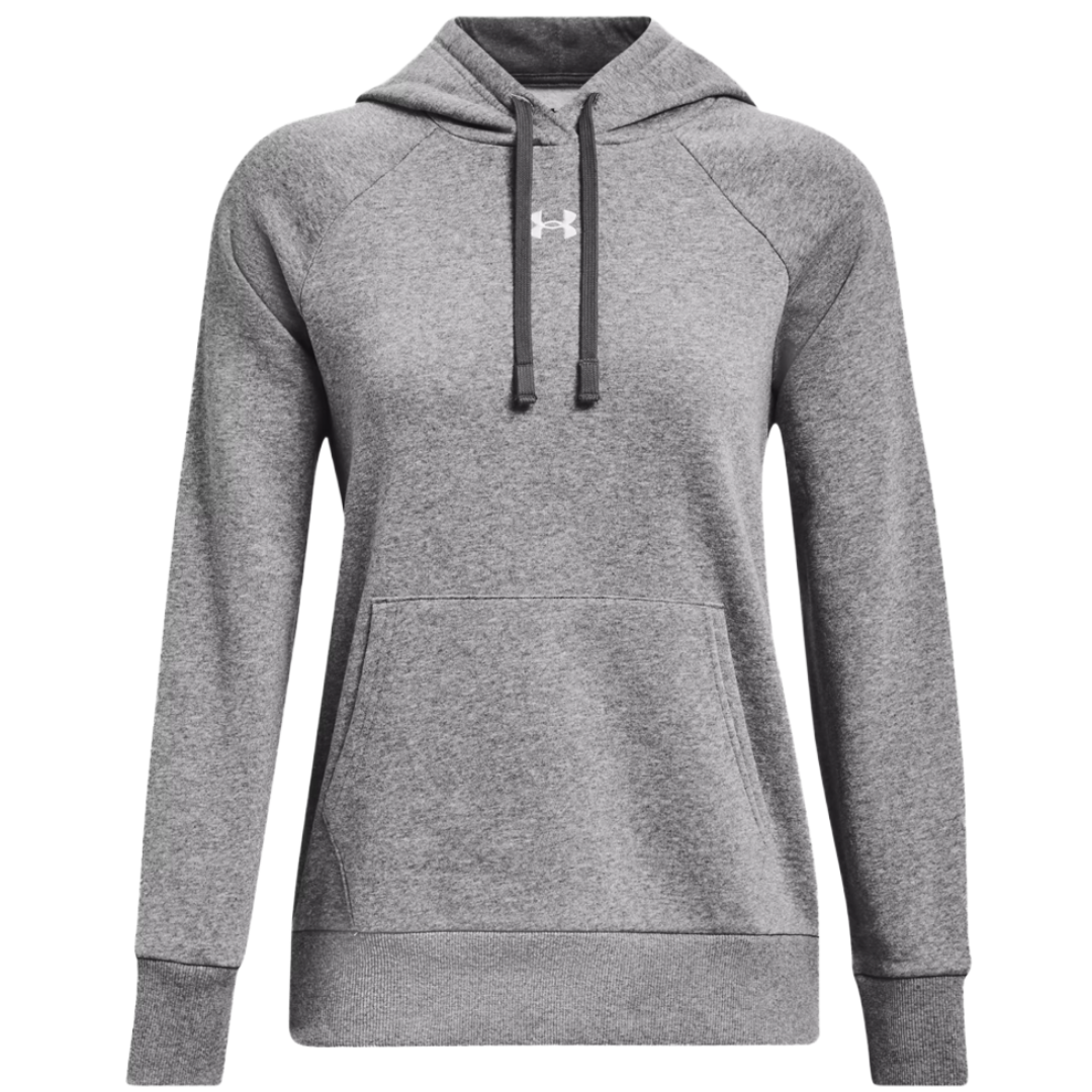 Gray hooded sweatshirt with a front kangaroo pocket and drawstrings, featuring a small white logo on the chest.