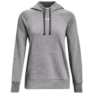 Gray hooded sweatshirt with a front kangaroo pocket and drawstrings, featuring a small white logo on the chest.