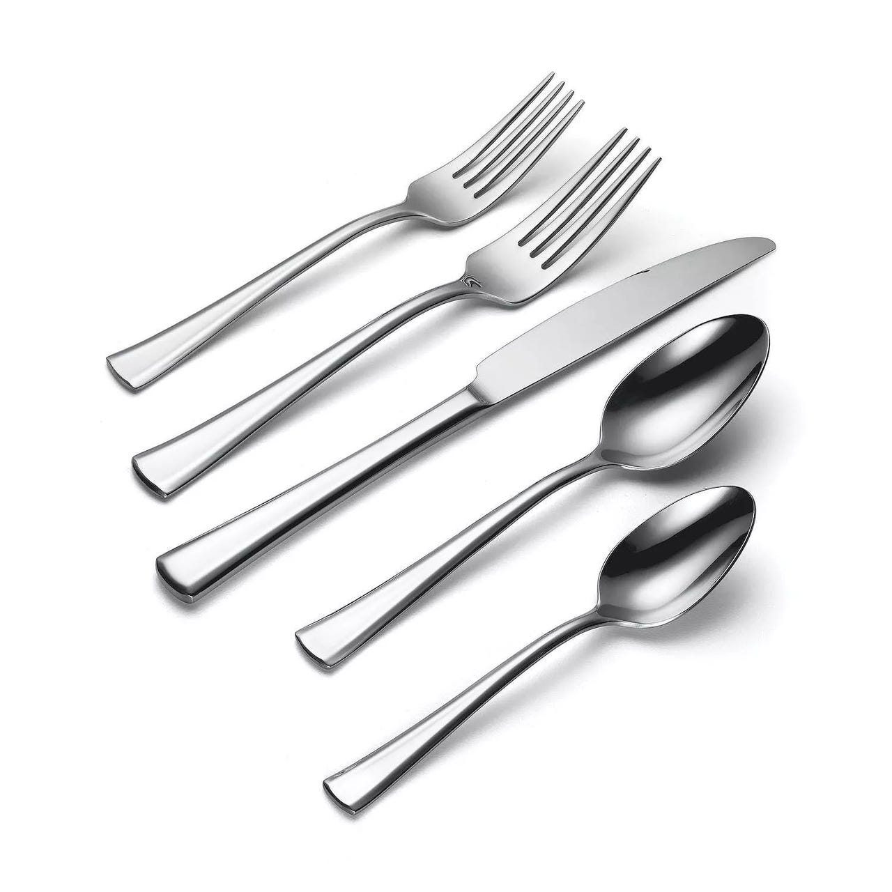 A 72-piece Oneida Noble Flatware Set, featuring sleek, stainless steel utensils including dinner forks, salad forks, knives, soup spoons, and teaspoons, all with a modern, mirrored finish.