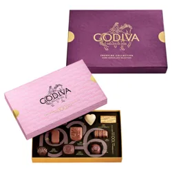 Two Godiva chocolate boxes are shown; one purple labeled \“Dark Chocolate Selection\“ and a pink Centennial 100 Collection box revealing an assortment of chocolates with various designs.