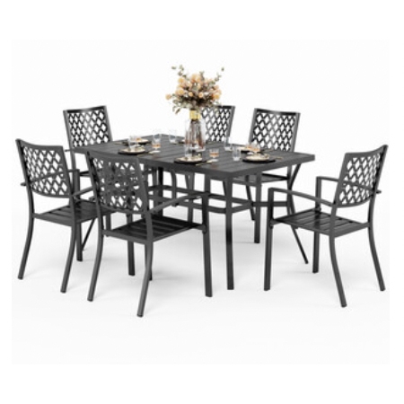 A 7-piece patio dining set featuring a rectangular metal table and six matching chairs with lattice-patterned backs, styled in a dark color. A decorative vase and tableware are set on the table.