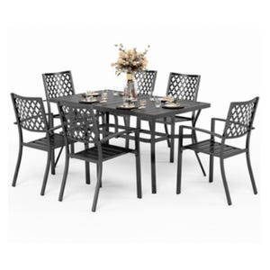 A 7-piece patio dining set featuring a rectangular metal table and six matching chairs with lattice-patterned backs, styled in a dark color. A decorative vase and tableware are set on the table.