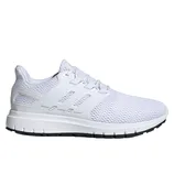 A white athletic sneaker with a mesh upper, three side stripes, and a cushioned sole with a black rubber outsole.