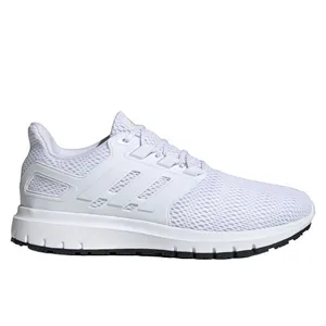 A white athletic sneaker with a mesh upper, three side stripes, and a cushioned sole with a black rubber outsole.