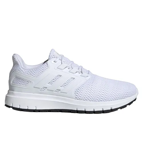 A white athletic sneaker with a mesh upper, three side stripes, and a cushioned sole with a black rubber outsole.