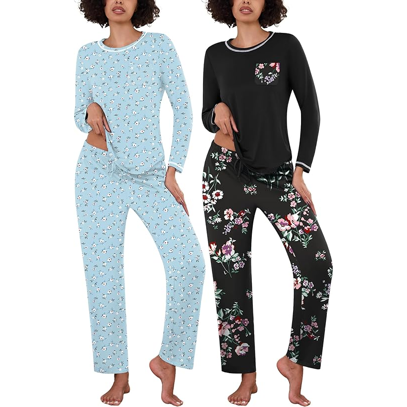 Two pajama sets: one in light blue with small floral prints, the other black with larger floral designs. Both have long sleeves and elastic waistbands.