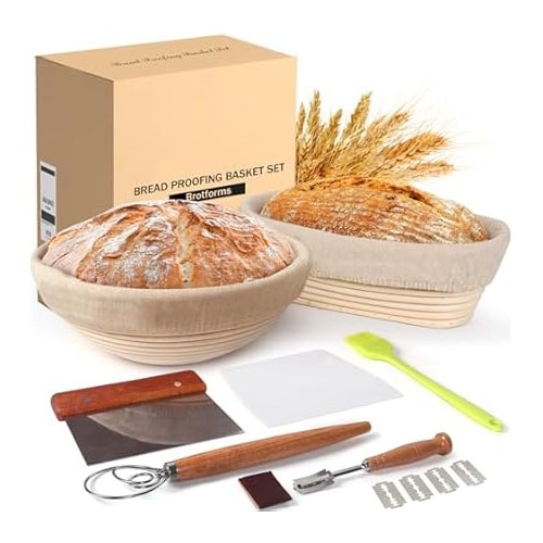 Bread proofing basket set with two proofing baskets, a dough scraper, a bench scraper, a pastry brush, a scoring tool with blades, and a storage box.