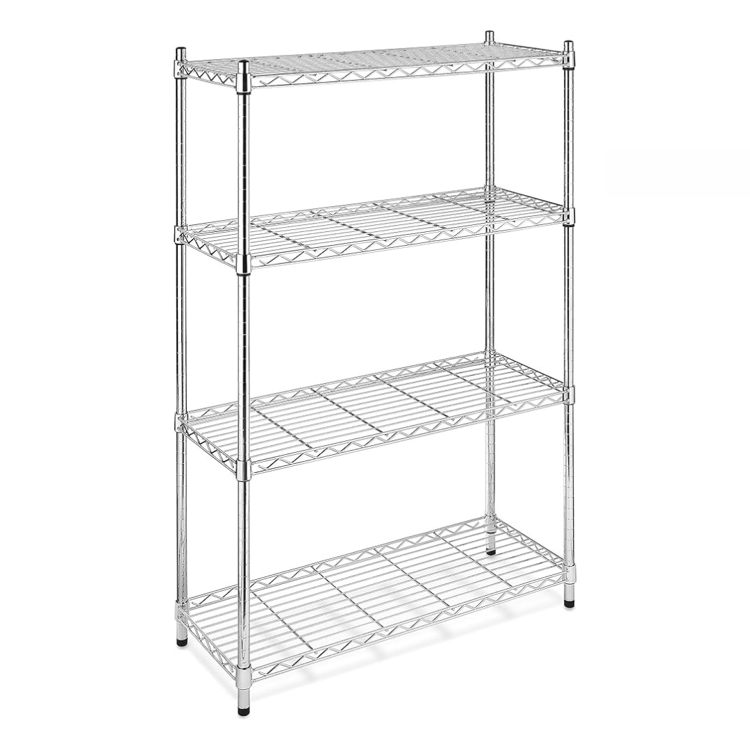 4-Tier metal wire storage shelving unit with chrome finish, featuring adjustable shelves and non-slip feet for stability. Ideal for organizing spaces like kitchens, garages, or offices.