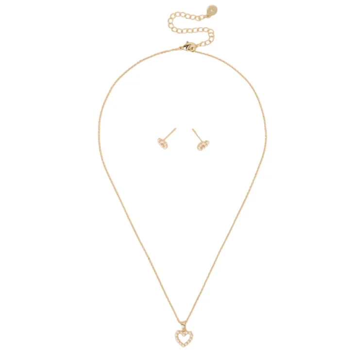 A delicate jewelry set featuring a gold-toned chain necklace with a heart-shaped pendant adorned with small pearls, accompanied by matching pearl stud earrings.