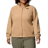 A tan fleece jacket with a full zipper and high collar, paired with olive green pants.