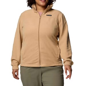 A tan fleece jacket with a full zipper and high collar, paired with olive green pants.