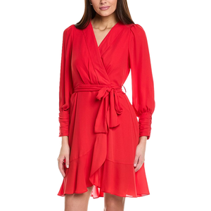 Red wrap dress with long sleeves, V-neckline, and tie belt, featuring a ruffled hem.
