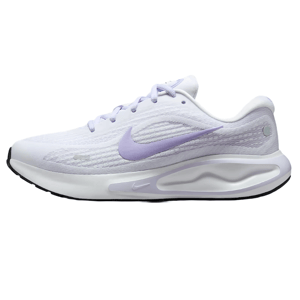 A white athletic shoe with a lavender logo and accents, featuring a textured upper and a cushioned sole for comfort.
