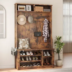A rustic wooden entryway bench with shoe storage, hooks for hats and coats, and upper cubbies for additional storage. Accessories include shoes, hats, a bag, an umbrella holder, and a decorative plant.