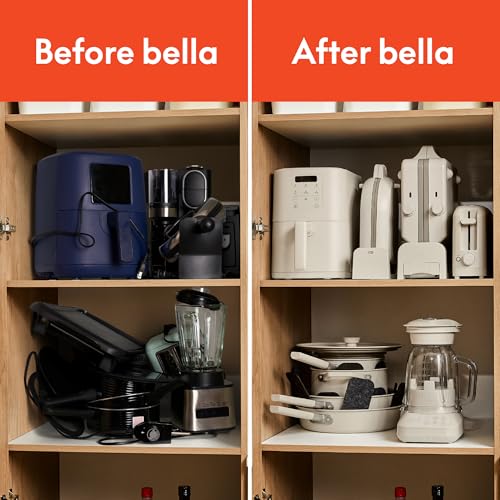 An organized kitchen cabinet transformation shows cluttered appliances on the left and neatly arranged, white compact kitchen appliances on the right.