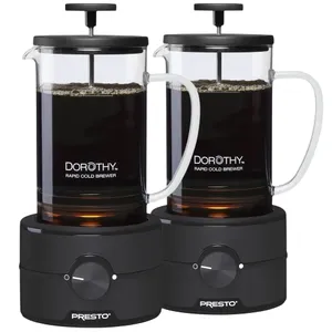The image shows two Presto Dorothy rapid cold brewers, each featuring a glass container with a handle on top of a black base.