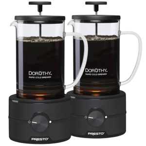 The image shows two Presto Dorothy rapid cold brewers, each featuring a glass container with a handle on top of a black base.