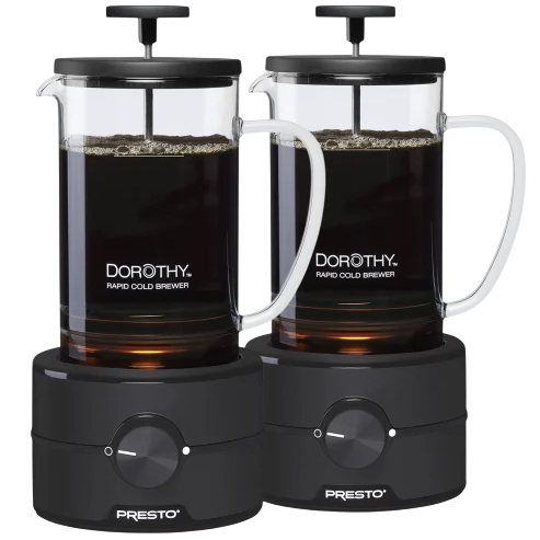 The image shows two Presto Dorothy rapid cold brewers, each featuring a glass container with a handle on top of a black base.