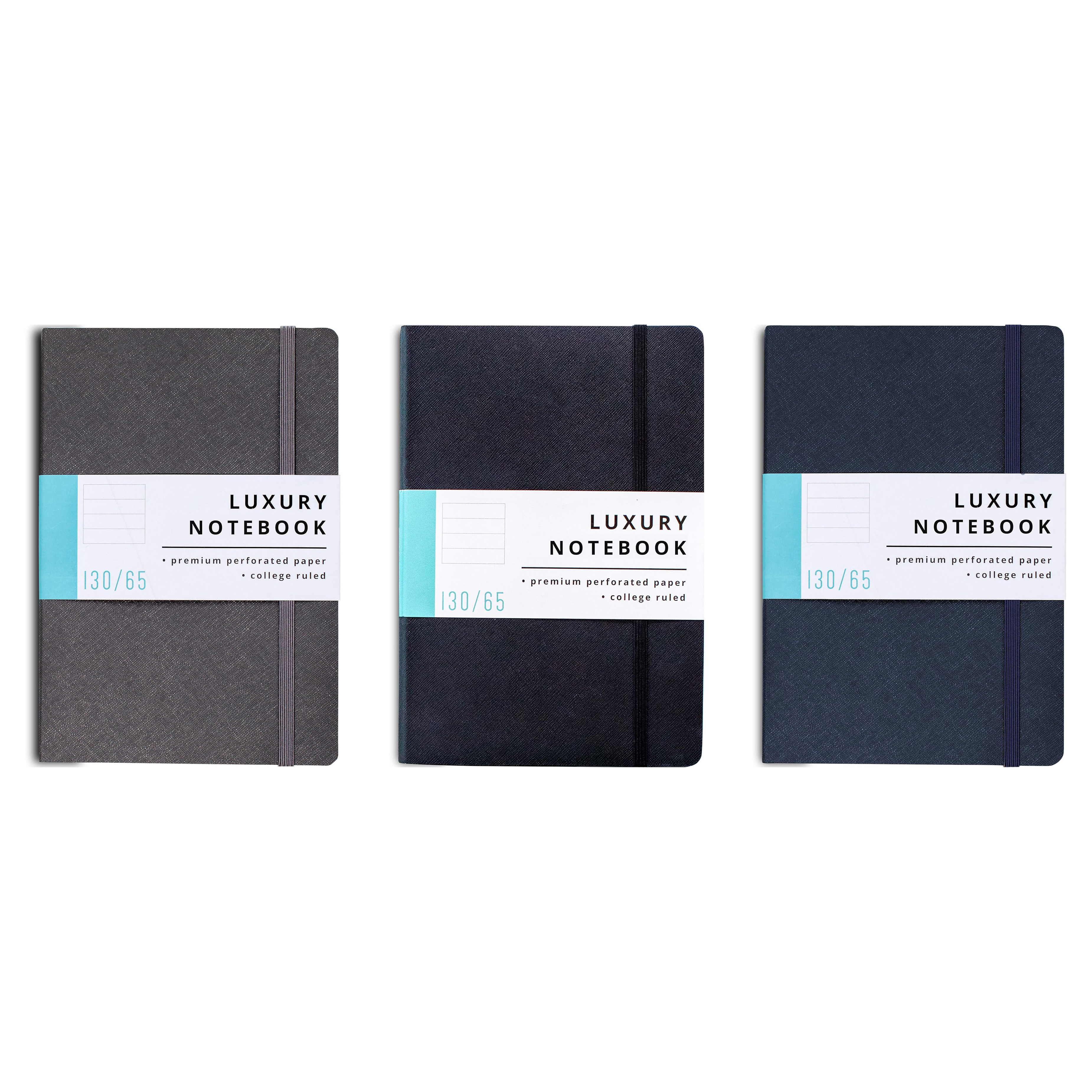 Three softcover luxury notebooks are displayed, each featuring 130/65 gsm perforated pages and an elastic closure, with two in dark colors and one in gray.