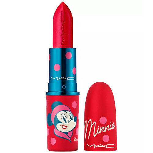 A MAC lipstick with a red color featuring a Minnie Mouse design and polka dots on the packaging.
