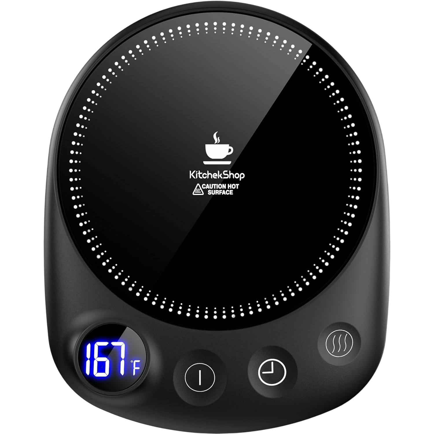 Electric mug warmer with a digital temperature display set to 167°F, featuring a power button, timer, and heat controls.